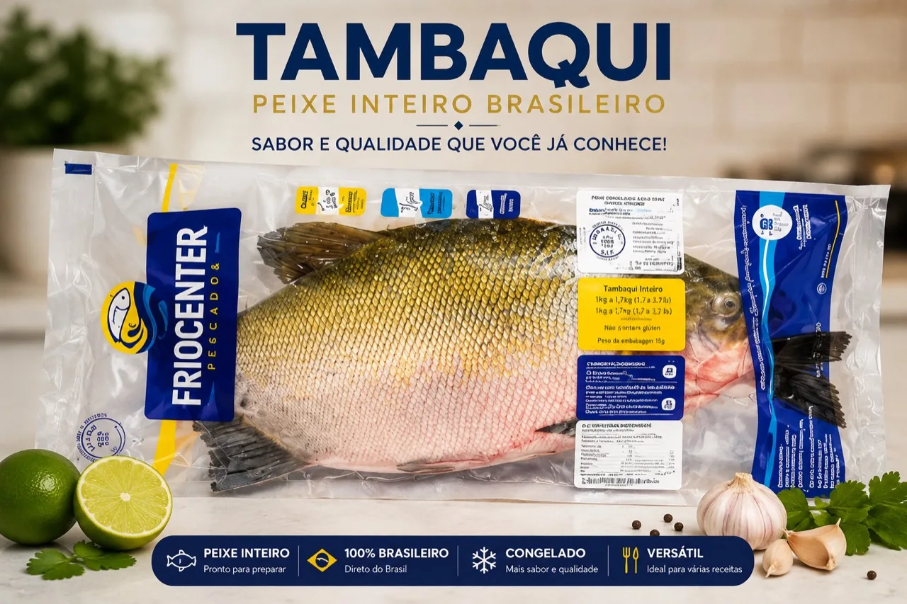 Whole Brazilian tambaqui product artwork, packaged and frozen